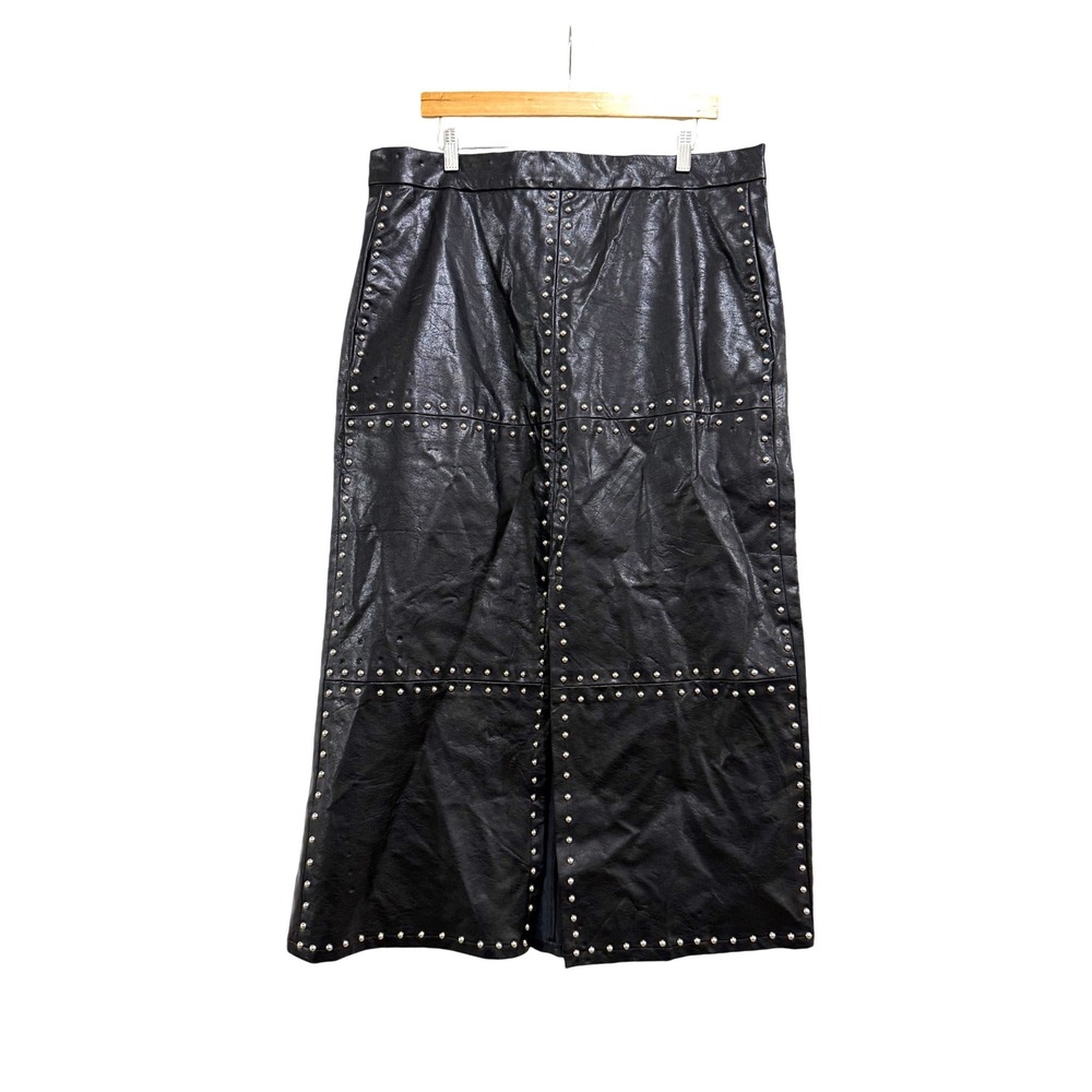 XPLUSWEAR Womens XL Black Faux Leather Studded Maxi Skirt High Waist Edgy New